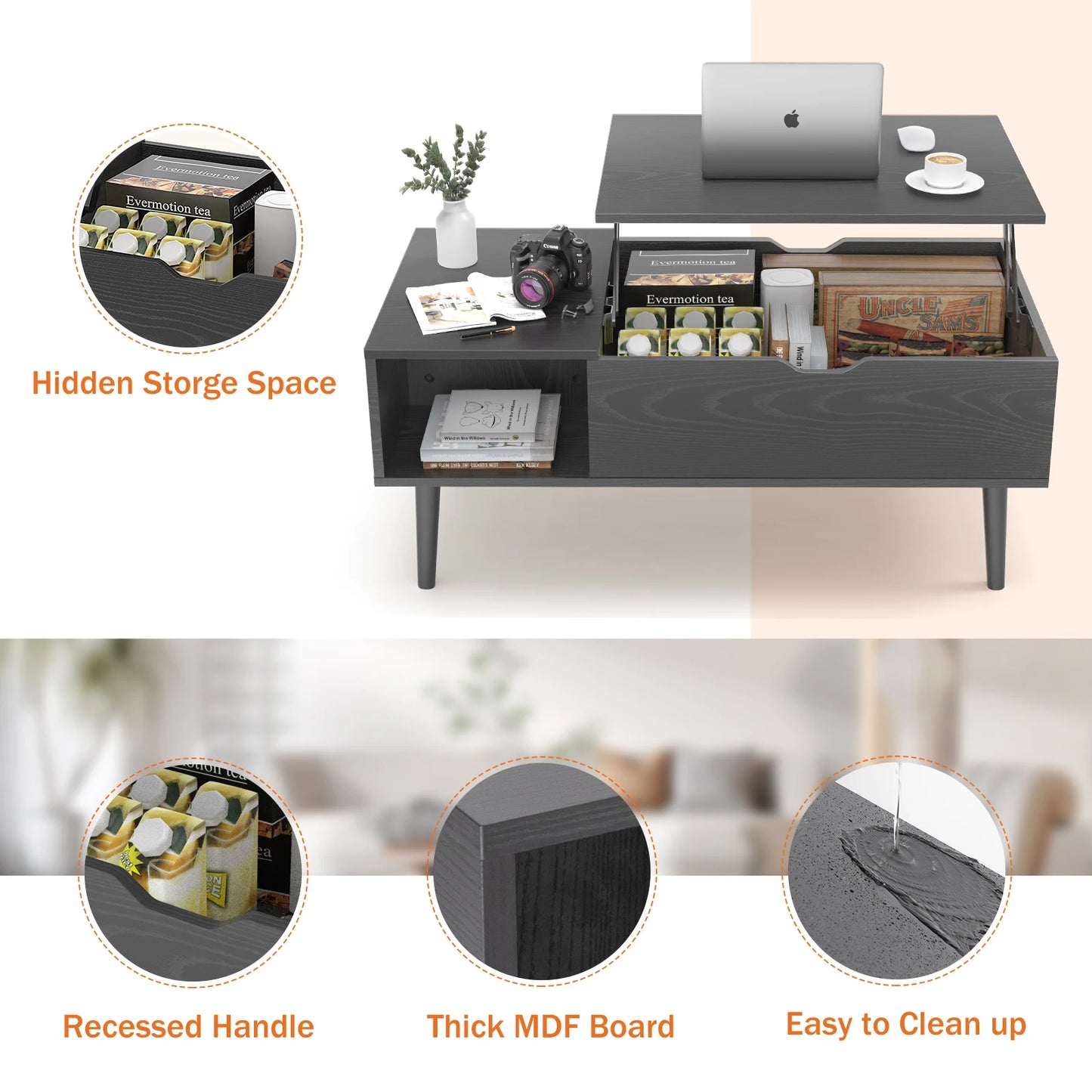 Top Coffee Tables For Living Room, Tea Wood Dining Tables, Adjustable Storage Shelf Easy to Lift Or Lower.