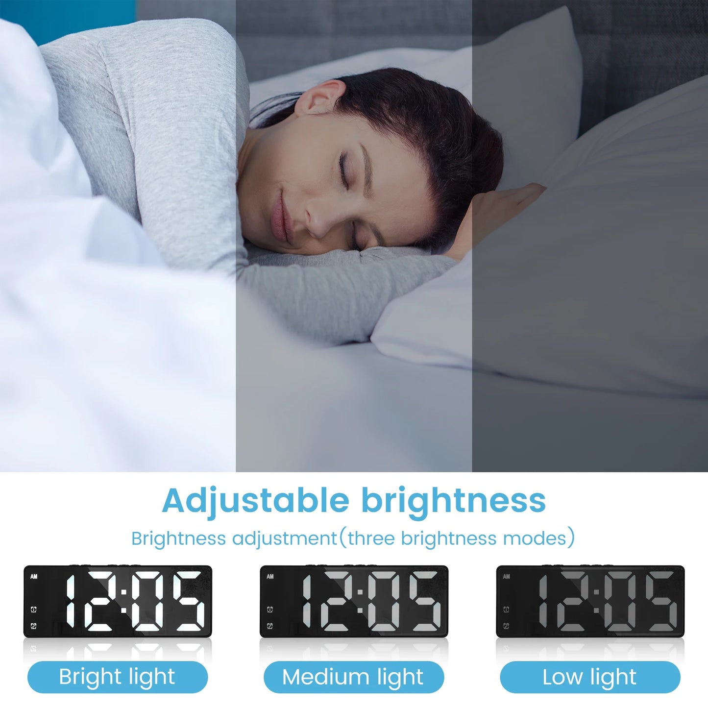 LED alarm digital clock voice control, adjustable brightness high-definition digital dual power mute living room clock.