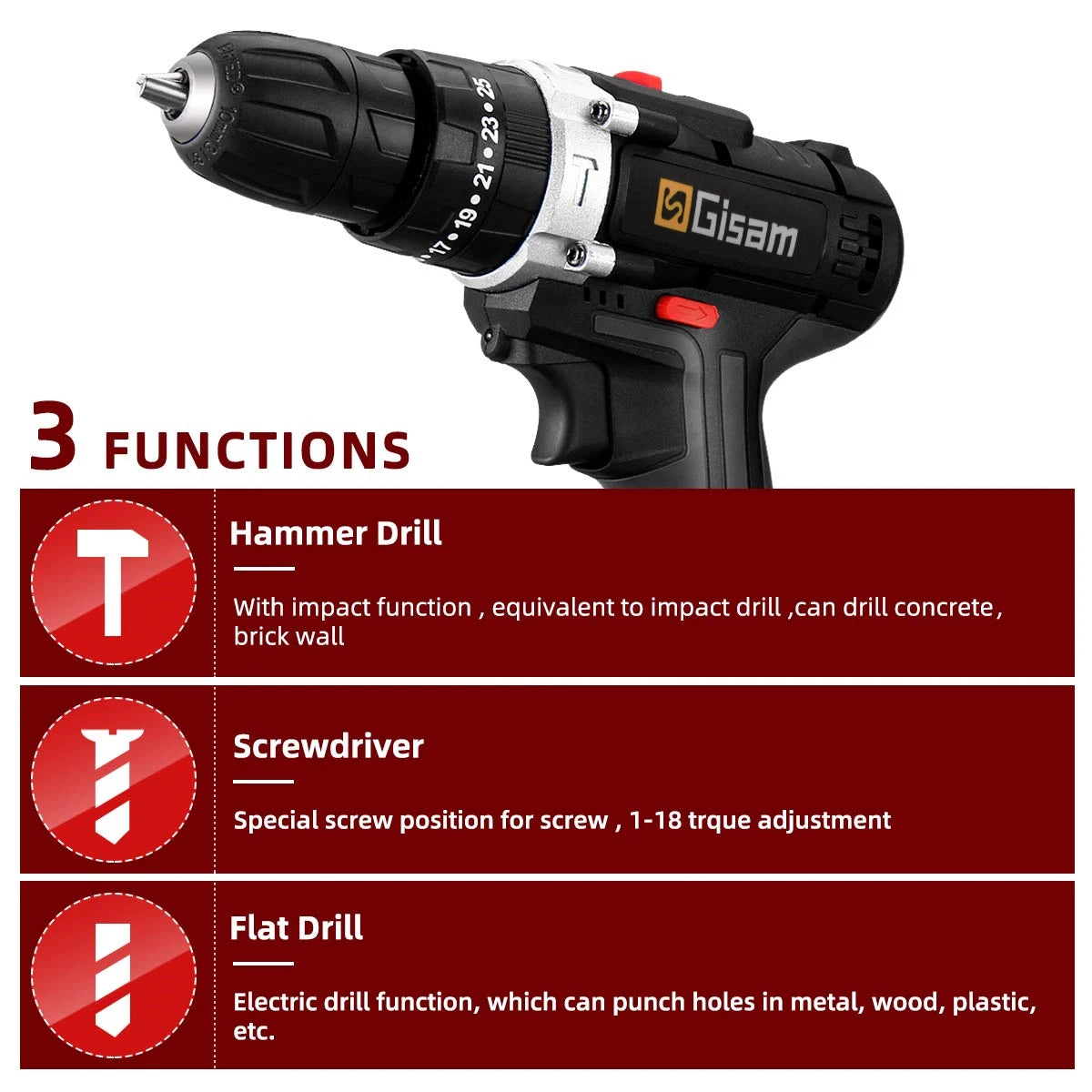 21V Cordless Drill Electric Impact Drill Rechargeable Electric Screwdriver Lithium-Ion Battery 2 Speed DIY Driver Power Tools