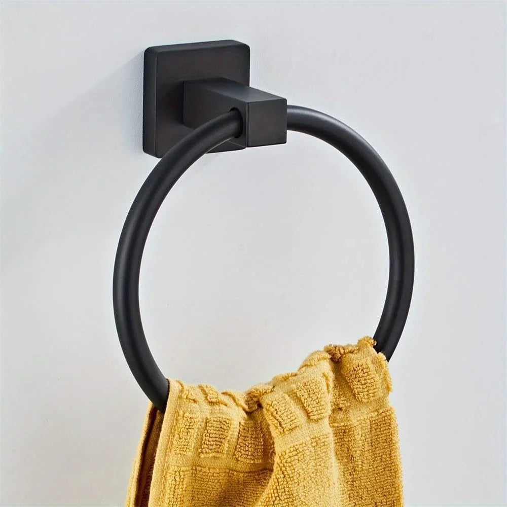 Wall Mounted Round Hand Towel Holder, Stainless Steel Matte Black Towel Ring Hangers for Bathroom, Kitchen