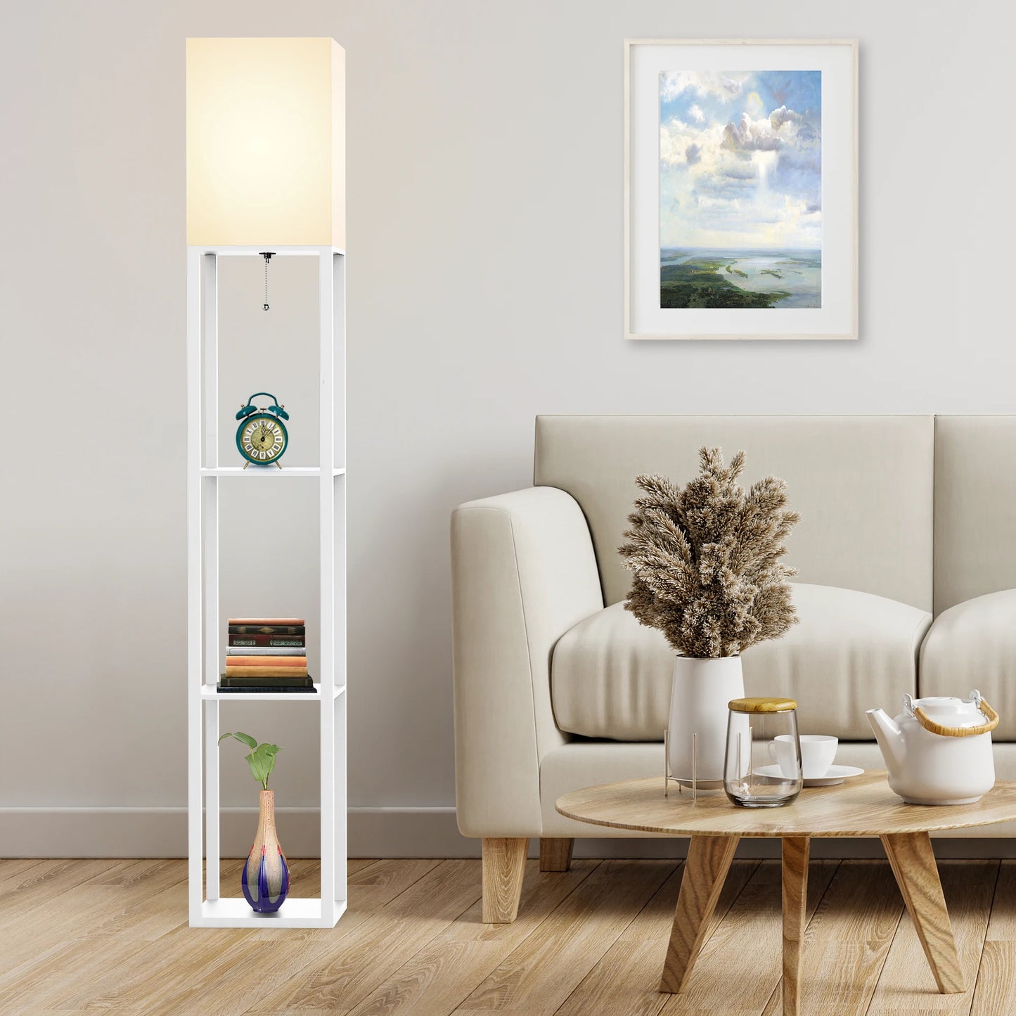 Column Floor Lamp with Shelves, Real Solid Wood and Bulb Included