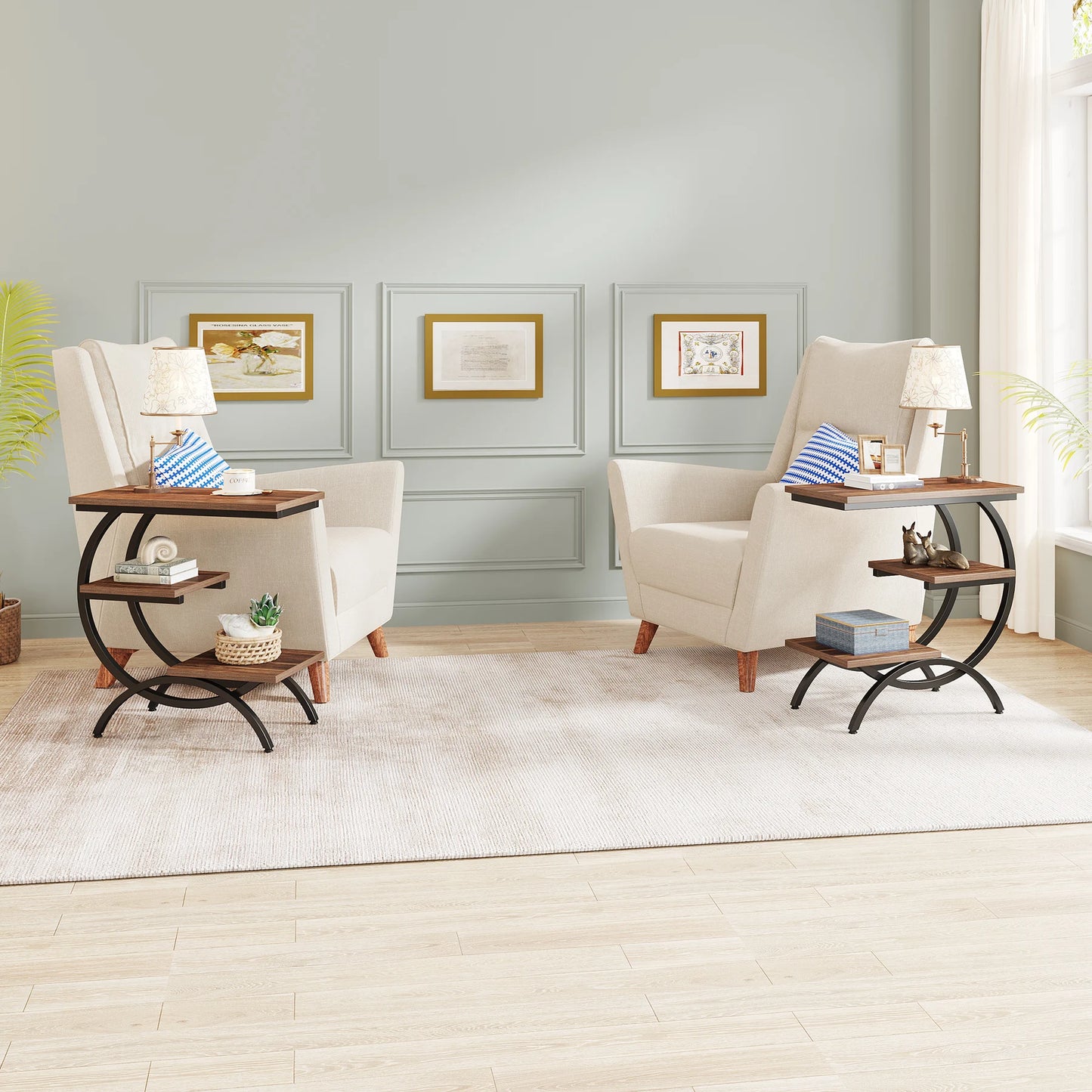 C-Shaped End Table, Industrial 3-Tier Small Table for Couch, Wood Bedside Table, Snack Table with Storage Shelves