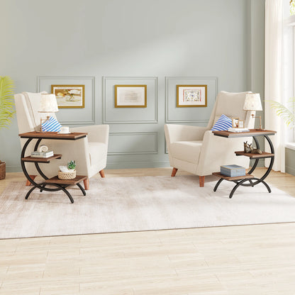 C-Shaped End Table, Industrial 3-Tier Small Table for Couch, Wood Bedside Table, Snack Table with Storage Shelves