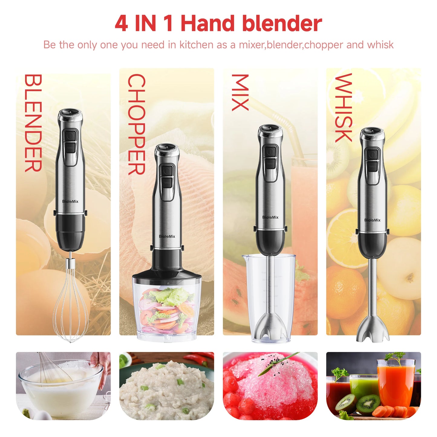 4 in 1 High Power 1200W Immersion Hand Stick Blender Mixer Includes Chopper and Smoothie Cup Stainless Steel Ice Blades