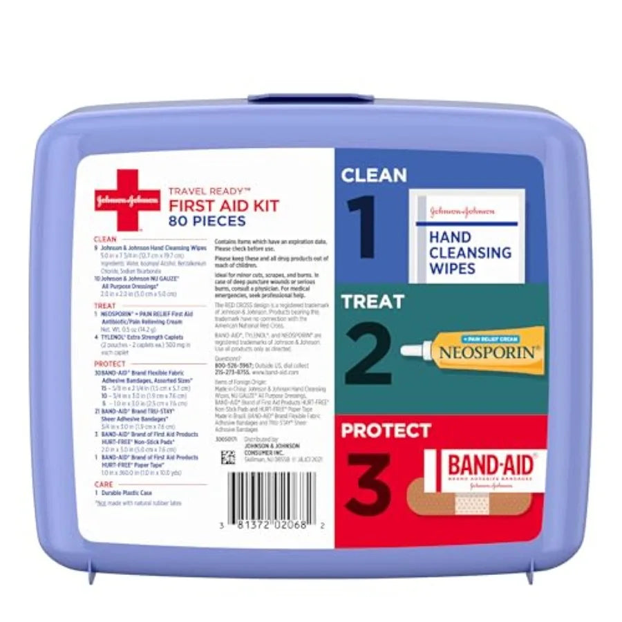 Band-Aid Travel Ready Portable Emergency First Aid Kit for Minor Wound Care with Assorted Adhesive Bandages Gauze.