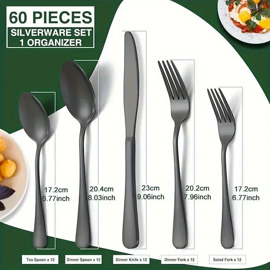60 Pieces Cutlery Set with Drawer Storage Box Including Knives, Forks Spoons  Dishwasher Safe,