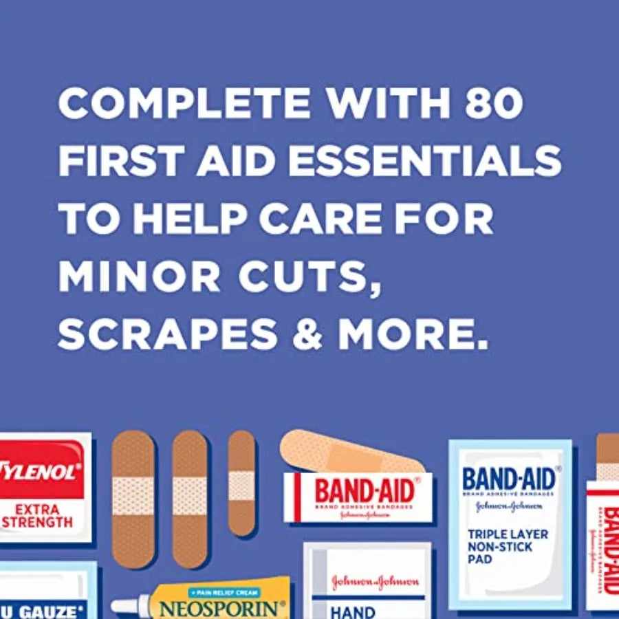 Band-Aid Travel Ready Portable Emergency First Aid Kit for Minor Wound Care with Assorted Adhesive Bandages Gauze.