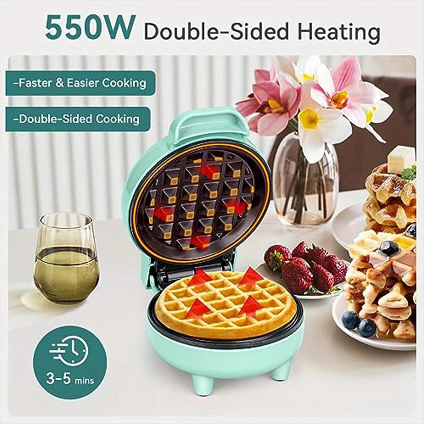 Compact 550W Mini Waffle Maker with Ready Indicator Light, Cool Touch Handle, and Non-Stick Coating