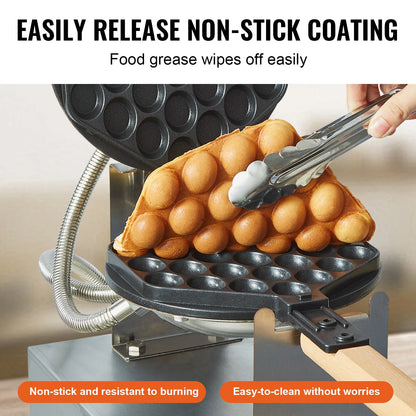 Commercial Egg Bubble Waffle Maker 1400W Non-Stick Stainless Steel Bubble Puff w/180° Rotatable 2 Pans & Wooden Handles
