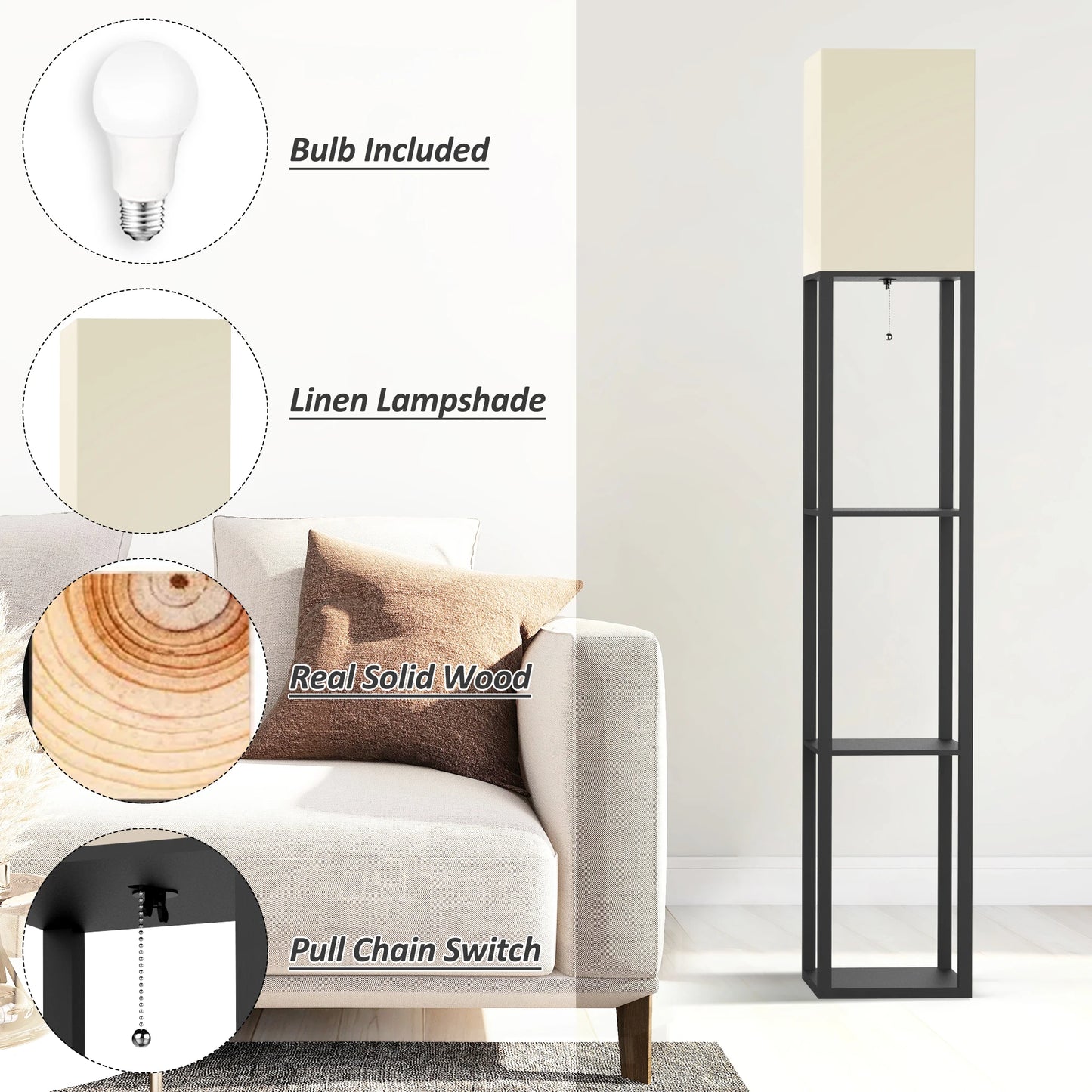 Column Floor Lamp with Shelves, Real Solid Wood and Bulb Included