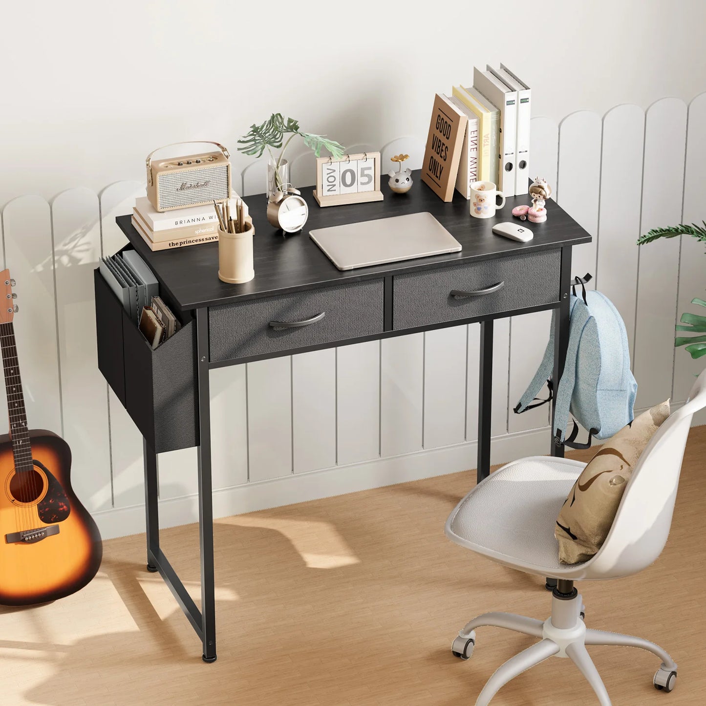 32 Inch Modern Office Computer Desk with Fabric Storage Drawers Space Side Bag Metal Frame Adjustable Feet For Home PC Table
