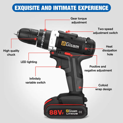 21V Cordless Drill Electric Impact Drill Rechargeable Electric Screwdriver Lithium-Ion Battery 2 Speed DIY Driver Power Tools