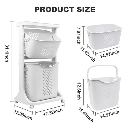 2/4 Tier Laundry Basket Cart Removable Storage Buckets Plastic Hamper with 4 Wheels White