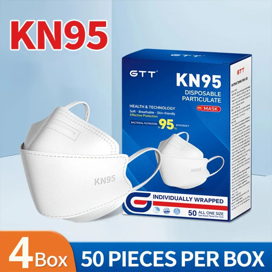 200Pcs Disposable Masks KN95 Fish-shaped 3D Mask Independent Package 4-layer Filter Dust-proof Protection Mask Black White