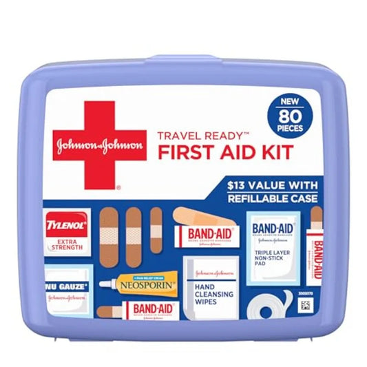 Band-Aid Travel Ready Portable Emergency First Aid Kit for Minor Wound Care with Assorted Adhesive Bandages Gauze.
