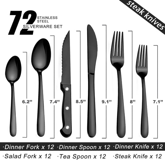 72-Pcs Black Silverware Sets, Stainless Steel Cutlery Set, Include Forks Spoons and Knives Set.