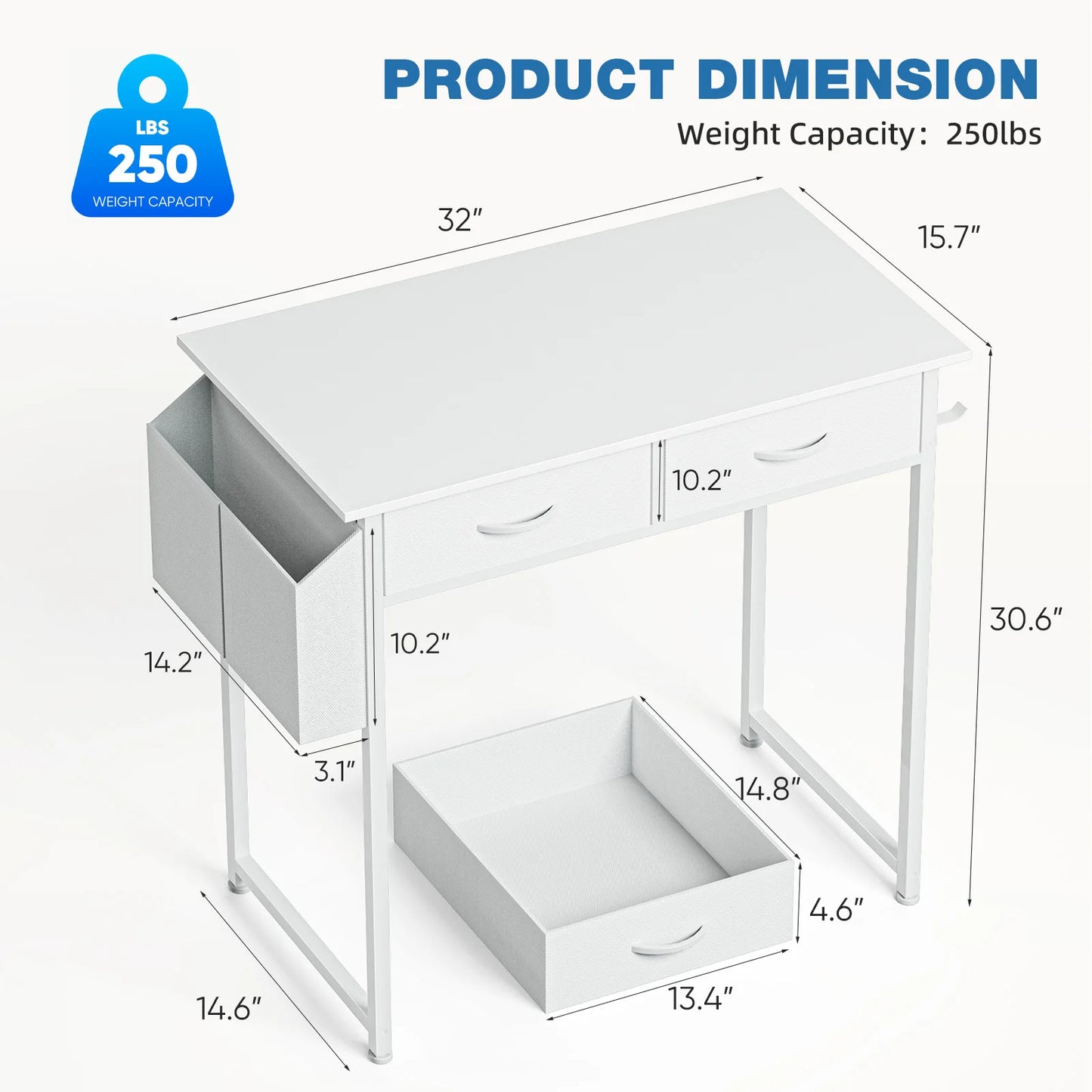 32 Inch Modern Office Computer Desk with Fabric Storage Drawers Space Side Bag Metal Frame Adjustable Feet For Home PC Table