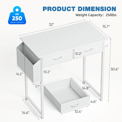 32 Inch Modern Office Computer Desk with Fabric Storage Drawers Space Side Bag Metal Frame Adjustable Feet For Home PC Table