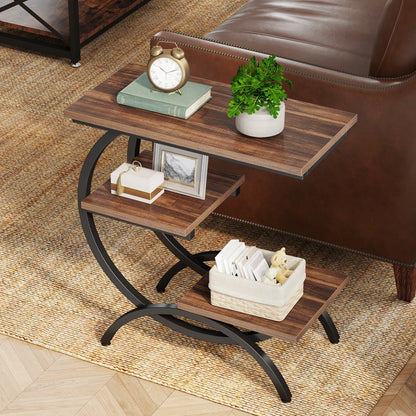C-Shaped End Table, Industrial 3-Tier Small Table for Couch, Wood Bedside Table, Snack Table with Storage Shelves
