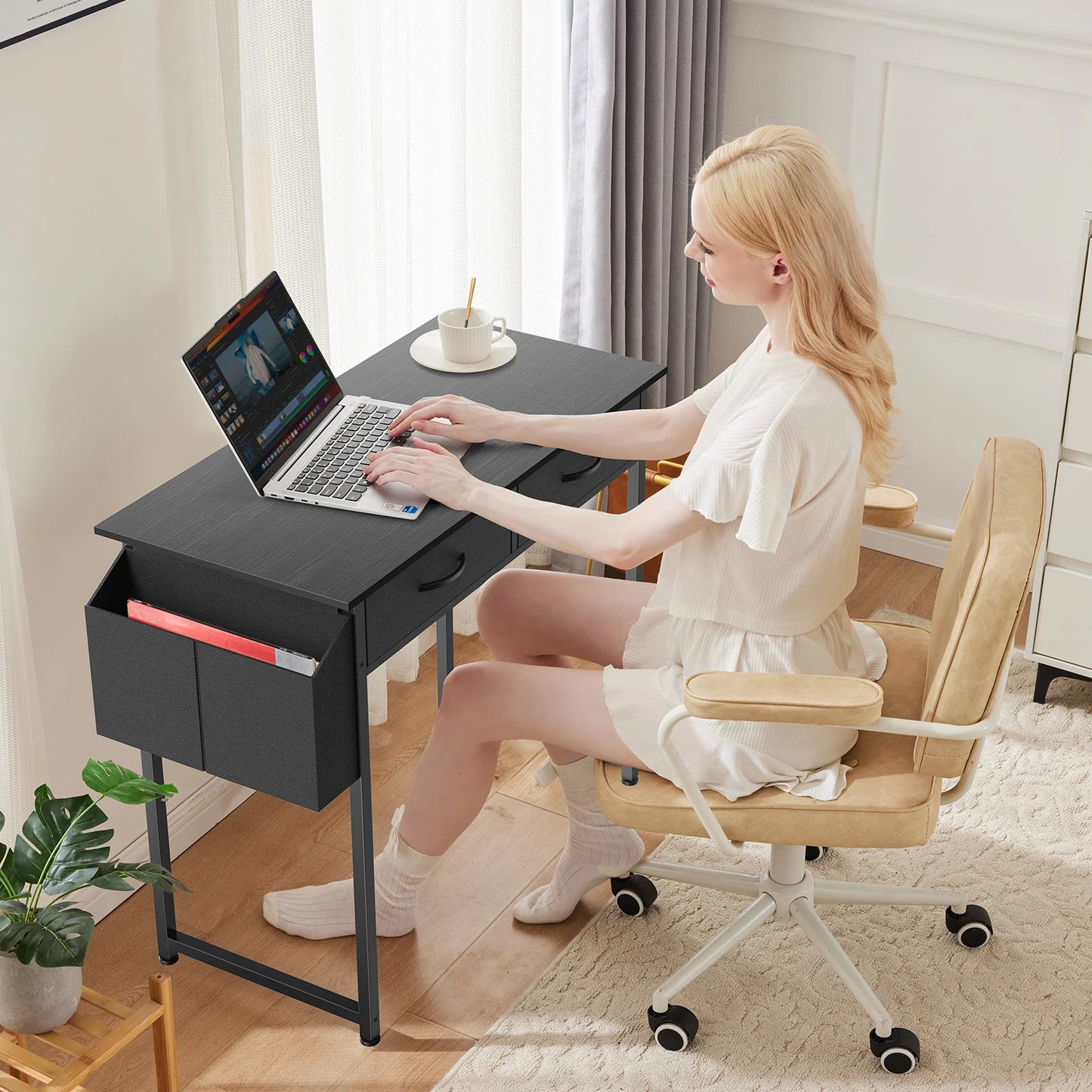 32 Inch Modern Office Computer Desk with Fabric Storage Drawers Space Side Bag Metal Frame Adjustable Feet For Home PC Table