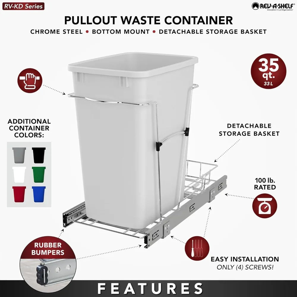 Pullout Trash Can 35 Qt Garbage Recycling Bin Full Extension Slides,