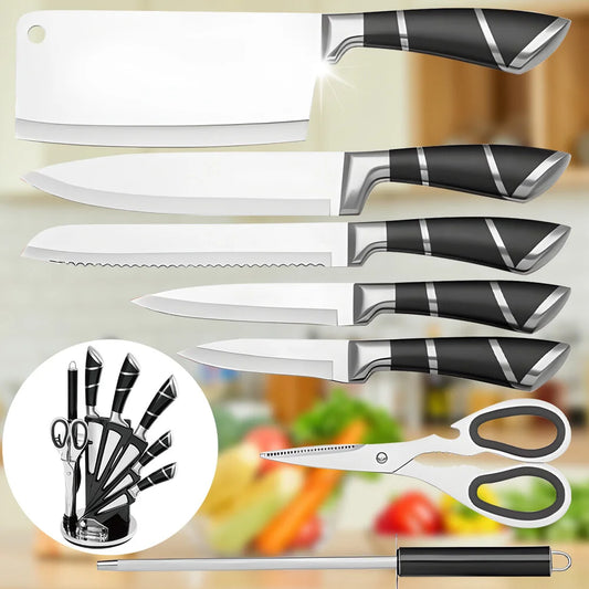 Stainless Steel Kitchen Knife Set Sharp Non-Stick Coated Chef Knives with Sharpener for Cutting, Slicing, Dicing, and Chopping.