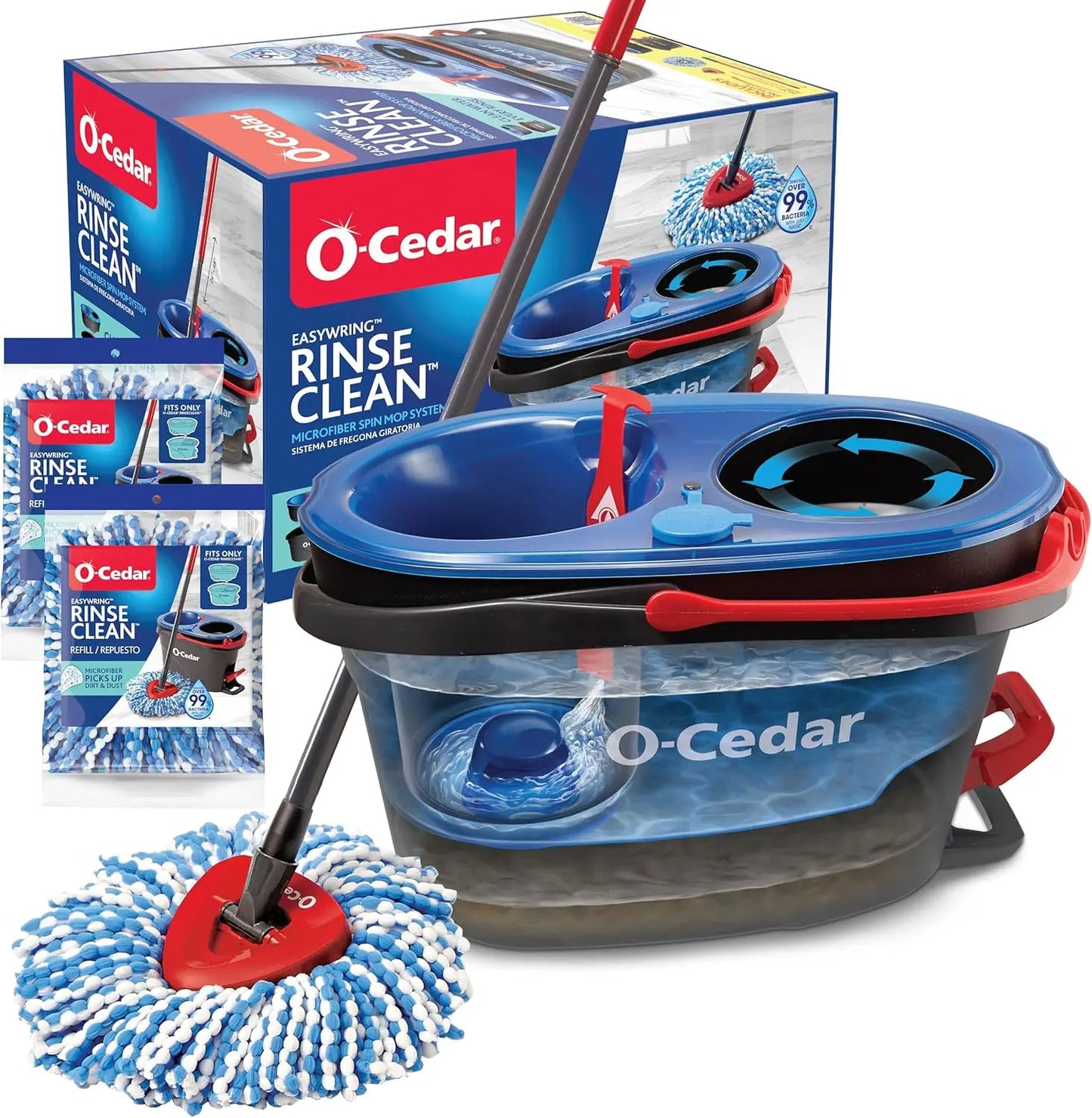 RinseClean Spin Mop & Bucket System + 1 Extra Mop Head | Clean with Clean Water | Removes 99% of Bacteria O-Cedar