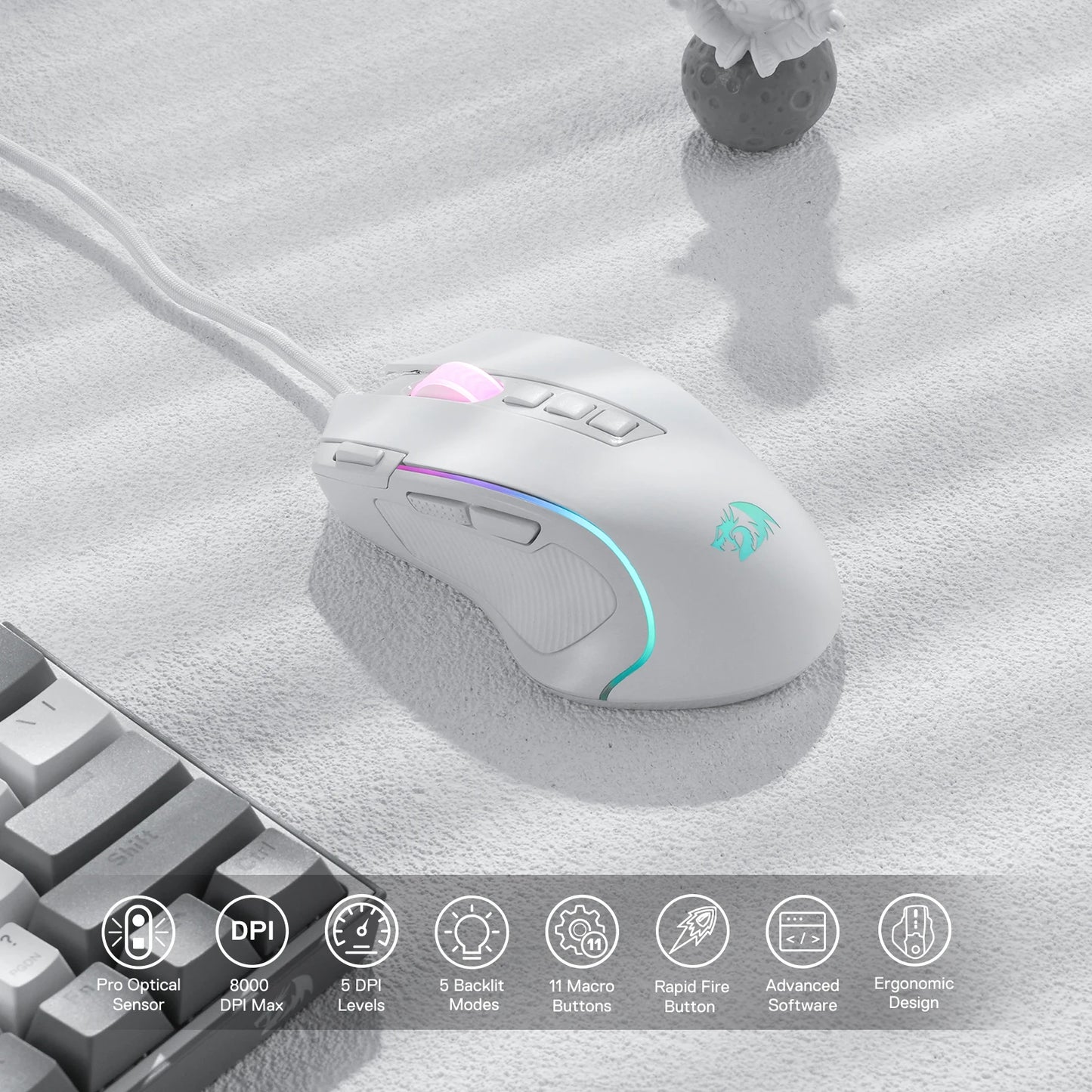 Predator RGB Gaming Mouse 8000 DPI Wired Optical with 11 Programmable Buttons, White