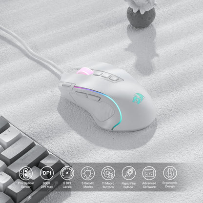 Predator RGB Gaming Mouse 8000 DPI Wired Optical with 11 Programmable Buttons, White