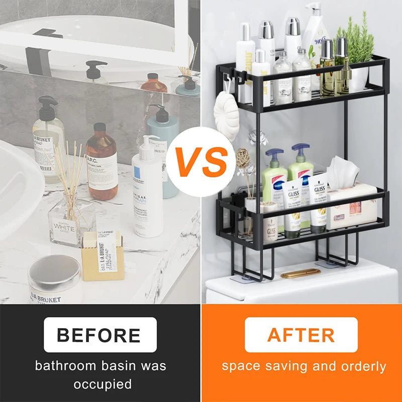 2-Tier Over Toilet Storage Shelf - Wall Mounted with Hooks  Paper Holder, Bathroom Space Saver Organizer for Home,