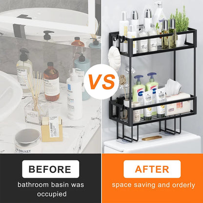 2-Tier Over Toilet Storage Shelf - Wall Mounted with Hooks  Paper Holder, Bathroom Space Saver Organizer for Home,
