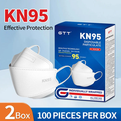 200Pcs Disposable Masks KN95 Fish-shaped 3D Mask Independent Package 4-layer Filter Dust-proof Protection Mask Black White