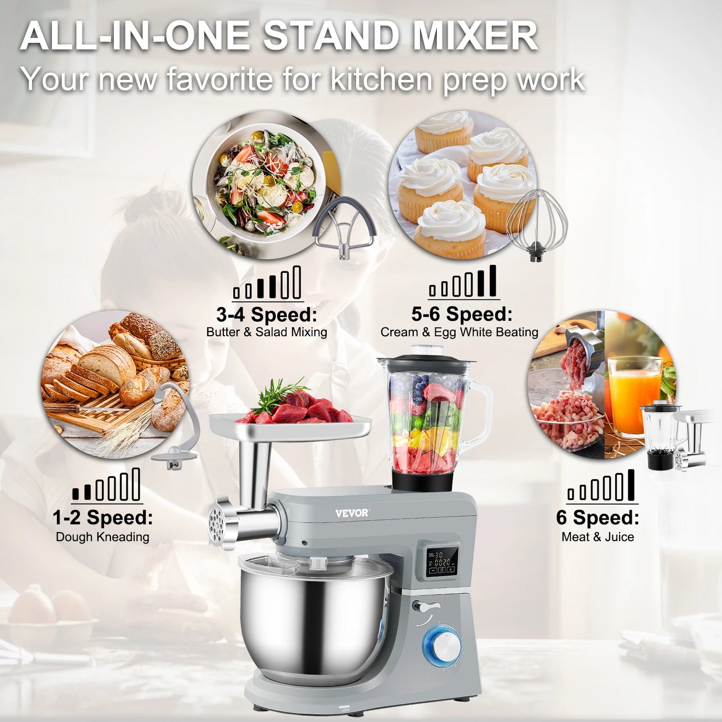 5 IN 1 Stand  Multifunctional Electric Mixer with 6 Speeds LCD Screen Timing 7.4 Qt Stainless Bowl Dough Hook