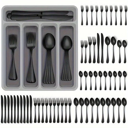 60 Pieces Cutlery Set with Drawer Storage Box Including Knives, Forks Spoons  Dishwasher Safe,