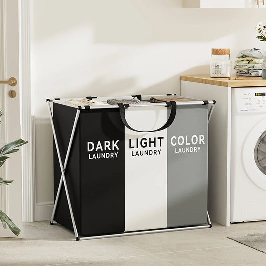 1 PC Large Laundry Hamper 3 Sections Divided Foldable Laundry Basket with Washing Bin Dirty Cloth Storage Bag