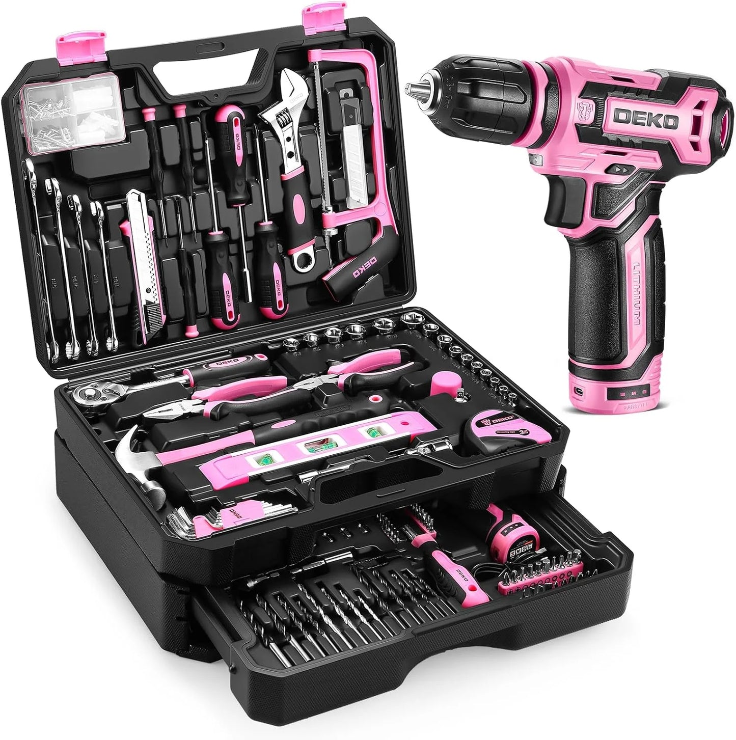 Home Mechanic Toolbox with 12V Power Cordless Drill Hand Repair Tools Sets Combo Kits Storage Organizer Drawer Case