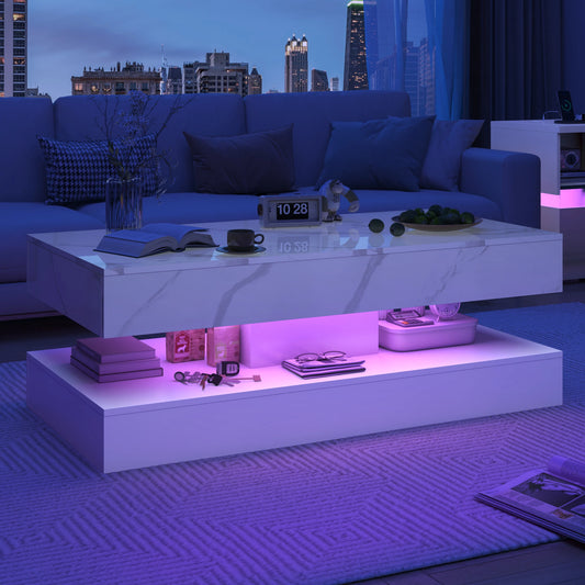 2 Storage Drawers Modern Stylish Coffee Table with LED lights,