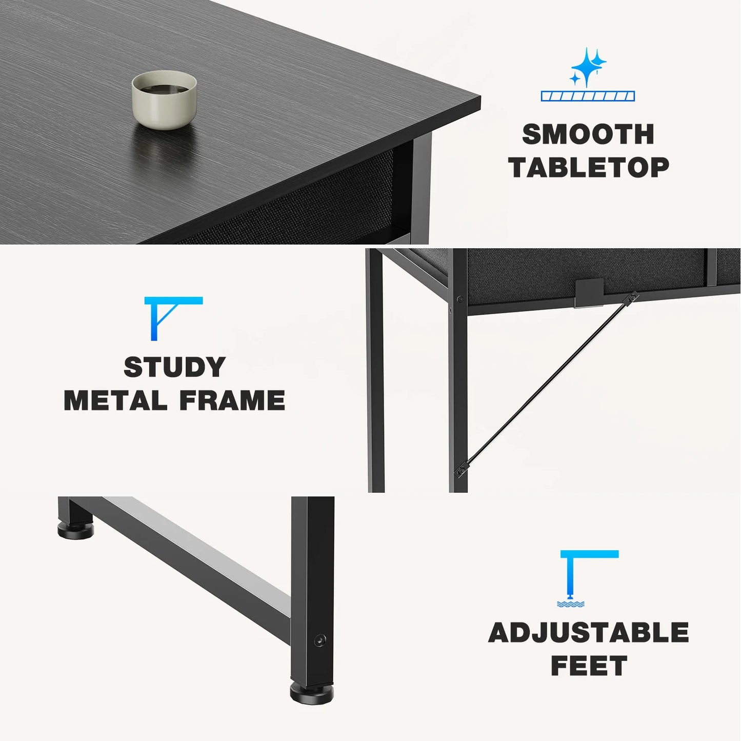 32 Inch Modern Office Computer Desk with Fabric Storage Drawers Space Side Bag Metal Frame Adjustable Feet For Home PC Table