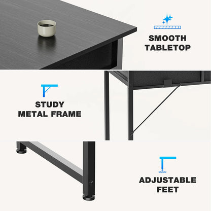 32 Inch Modern Office Computer Desk with Fabric Storage Drawers Space Side Bag Metal Frame Adjustable Feet For Home PC Table