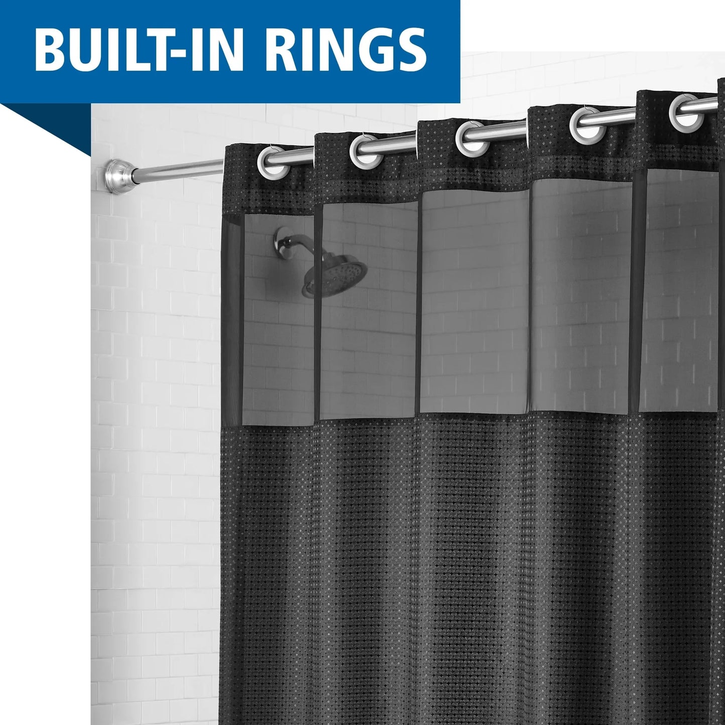 Easy Hang Fabric Shower Curtain with Built-in Rings, 70" x 74", Black