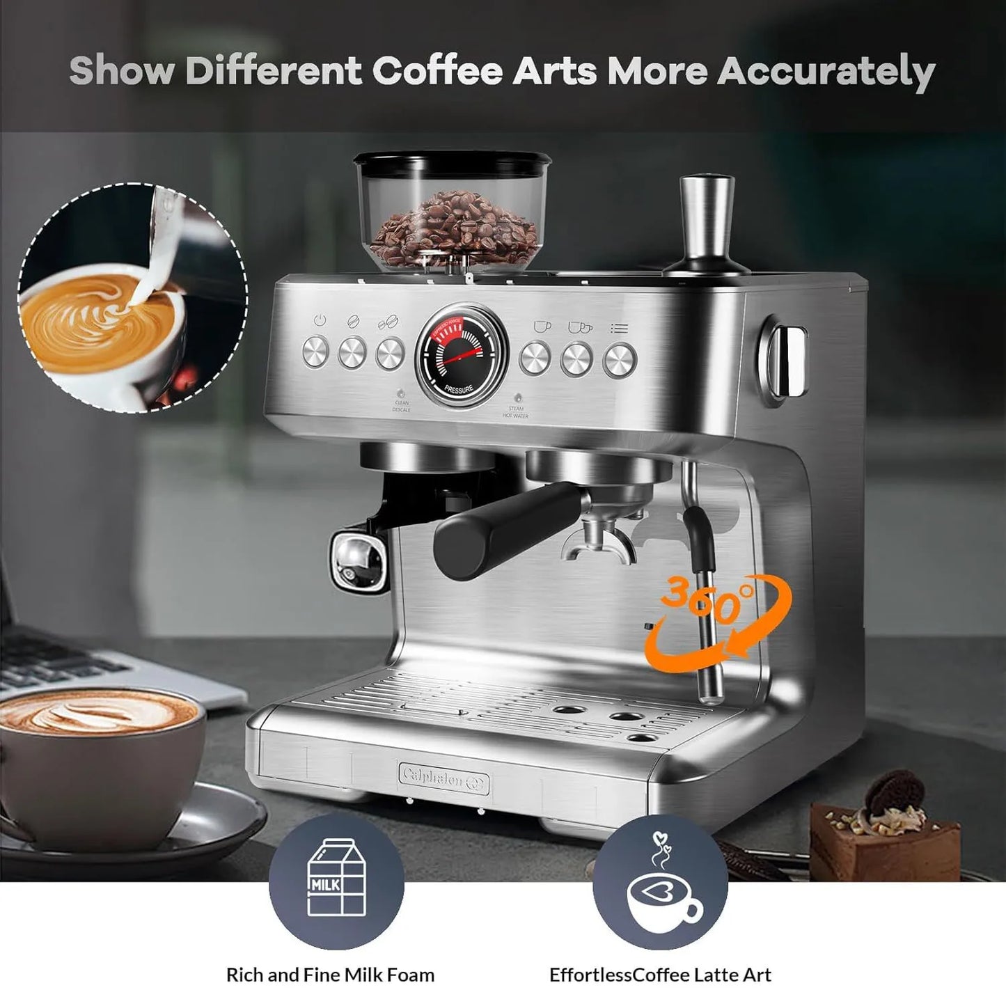 Espresso Machine with Grinder 20 Bar Semi-Automatic Coffee Maker PID Control Milk Frother Steam Wand, 95Oz Water Tank for Home