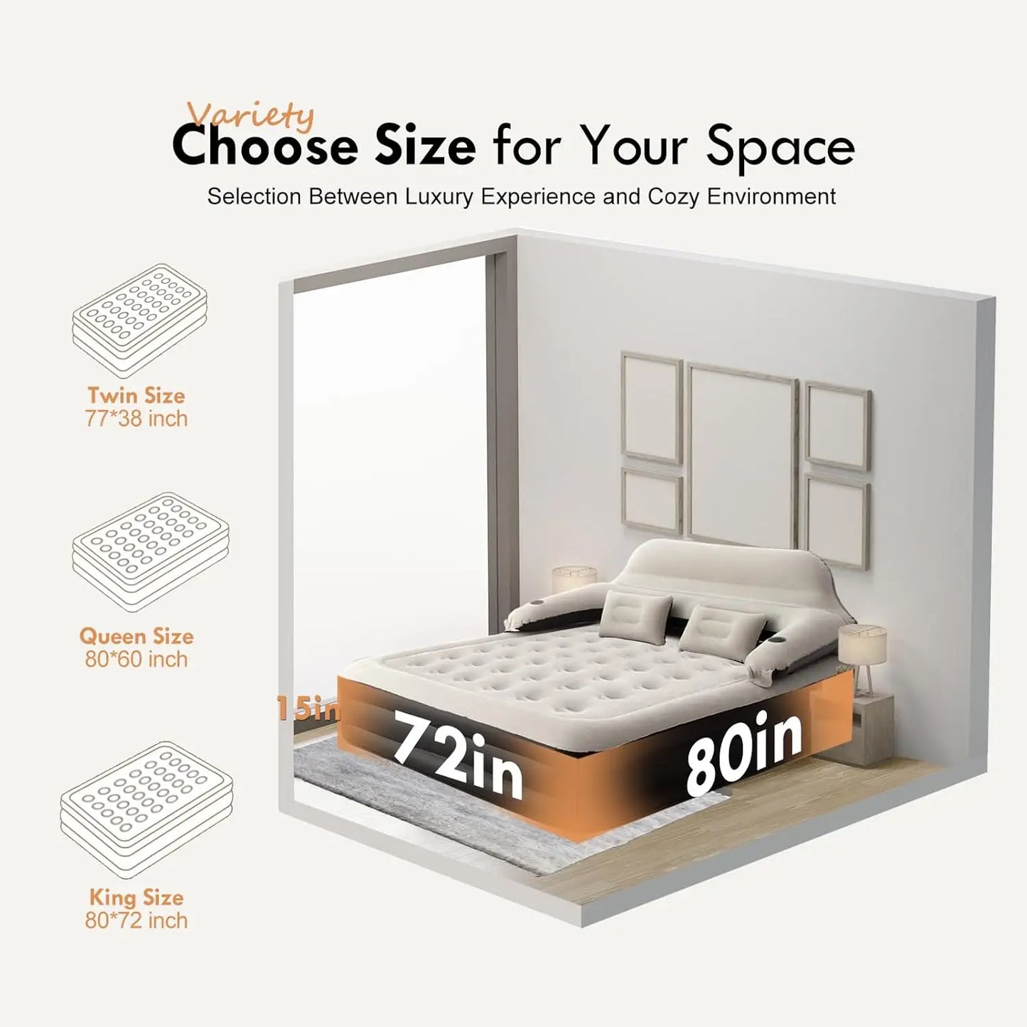 King Size Air Mattress with Headboard and Pump,Blow Up Mattress Inflatable Bed with Pillows