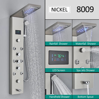 LED Shower Panel Tower System Rain Waterfall Shower Column Hydroelectricity LCD Display With Massage Body Spa Bath Shower Faucet