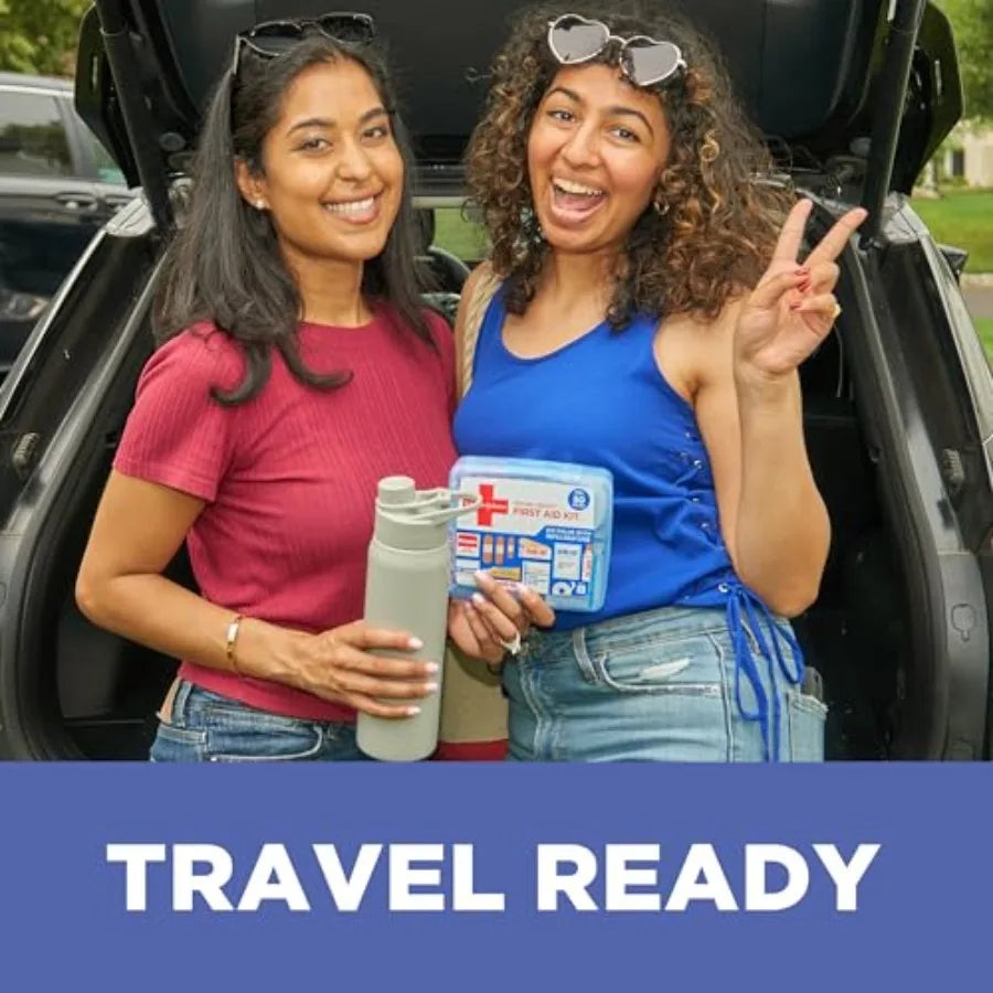 Band-Aid Travel Ready Portable Emergency First Aid Kit for Minor Wound Care with Assorted Adhesive Bandages Gauze.