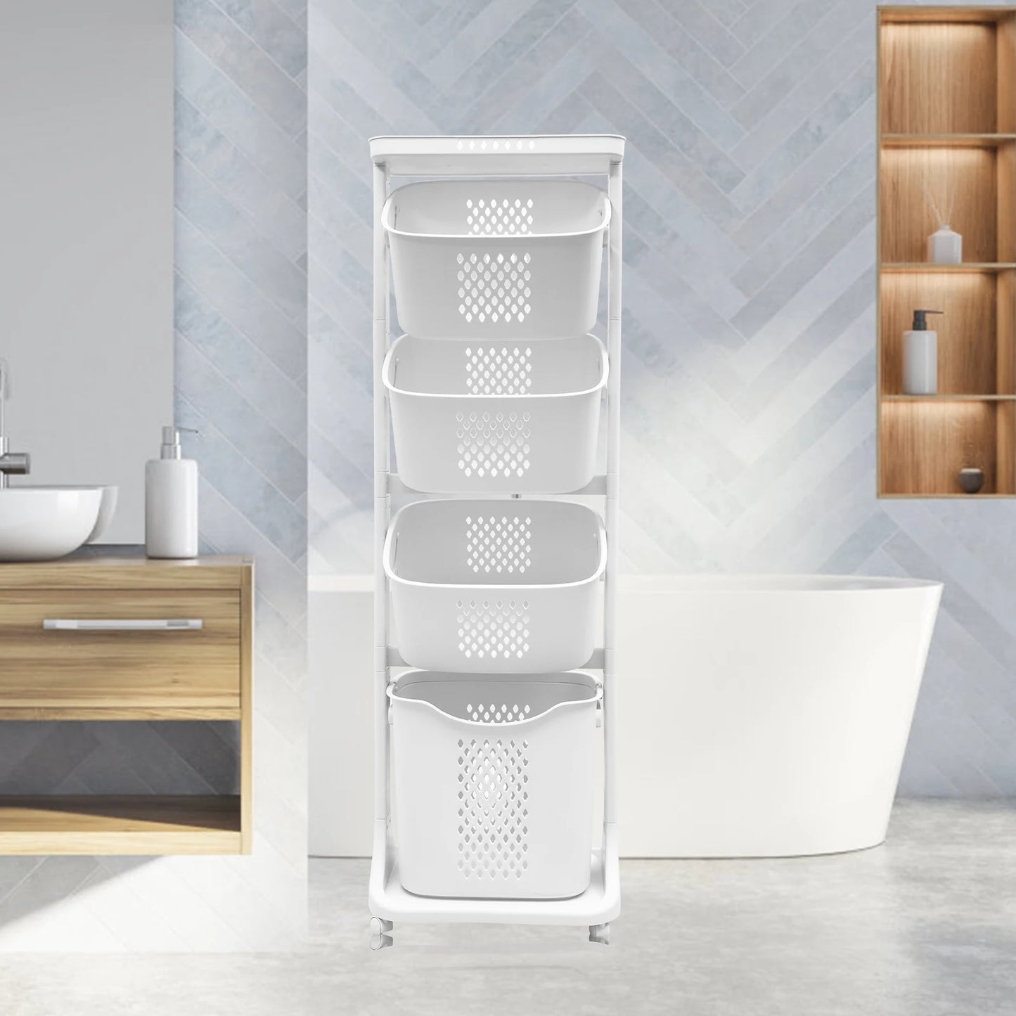 2/4 Tier Laundry Basket Cart Removable Storage Buckets Plastic Hamper with 4 Wheels White