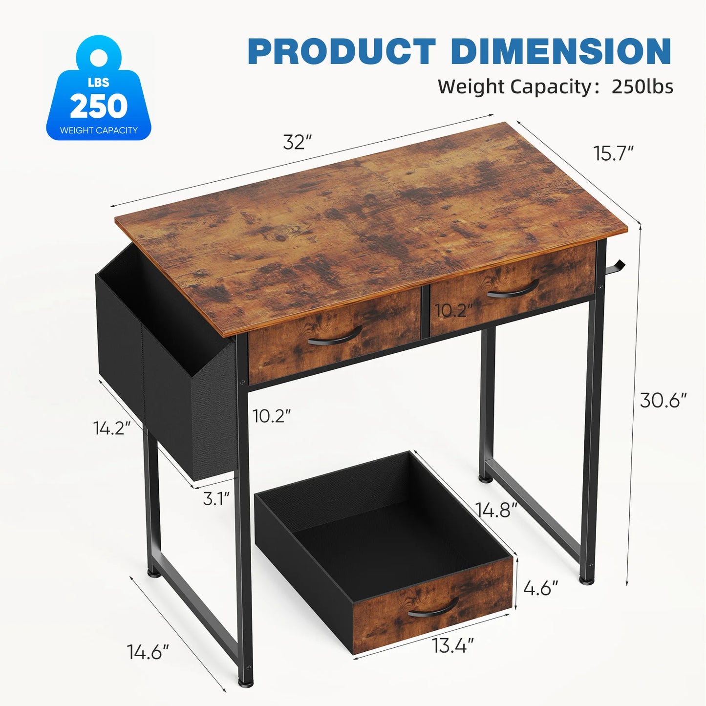 32 Inch Modern Office Computer Desk with Fabric Storage Drawers Space Side Bag Metal Frame Adjustable Feet For Home PC Table
