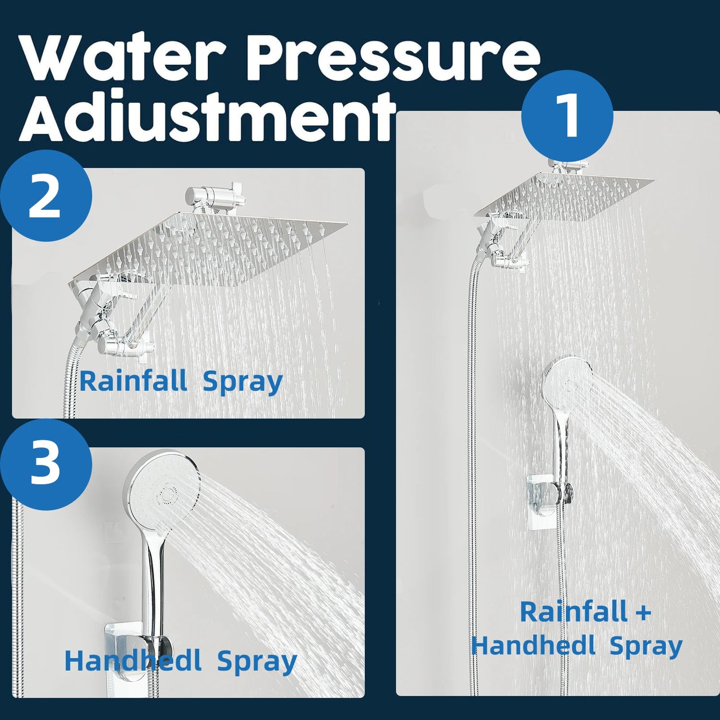 8-12Inch High Pressure Rain Shower Head with Adjustable Extension Arm With 3-way Handheld Shower Spray