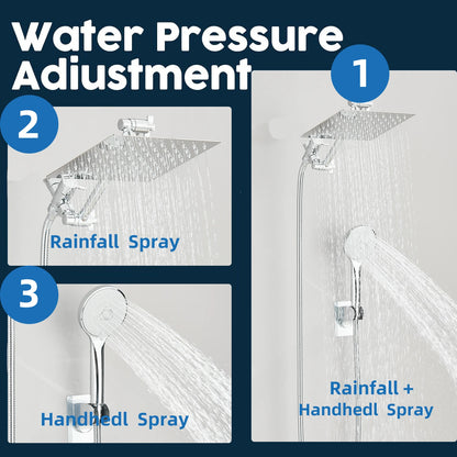 8-12Inch High Pressure Rain Shower Head with Adjustable Extension Arm With 3-way Handheld Shower Spray