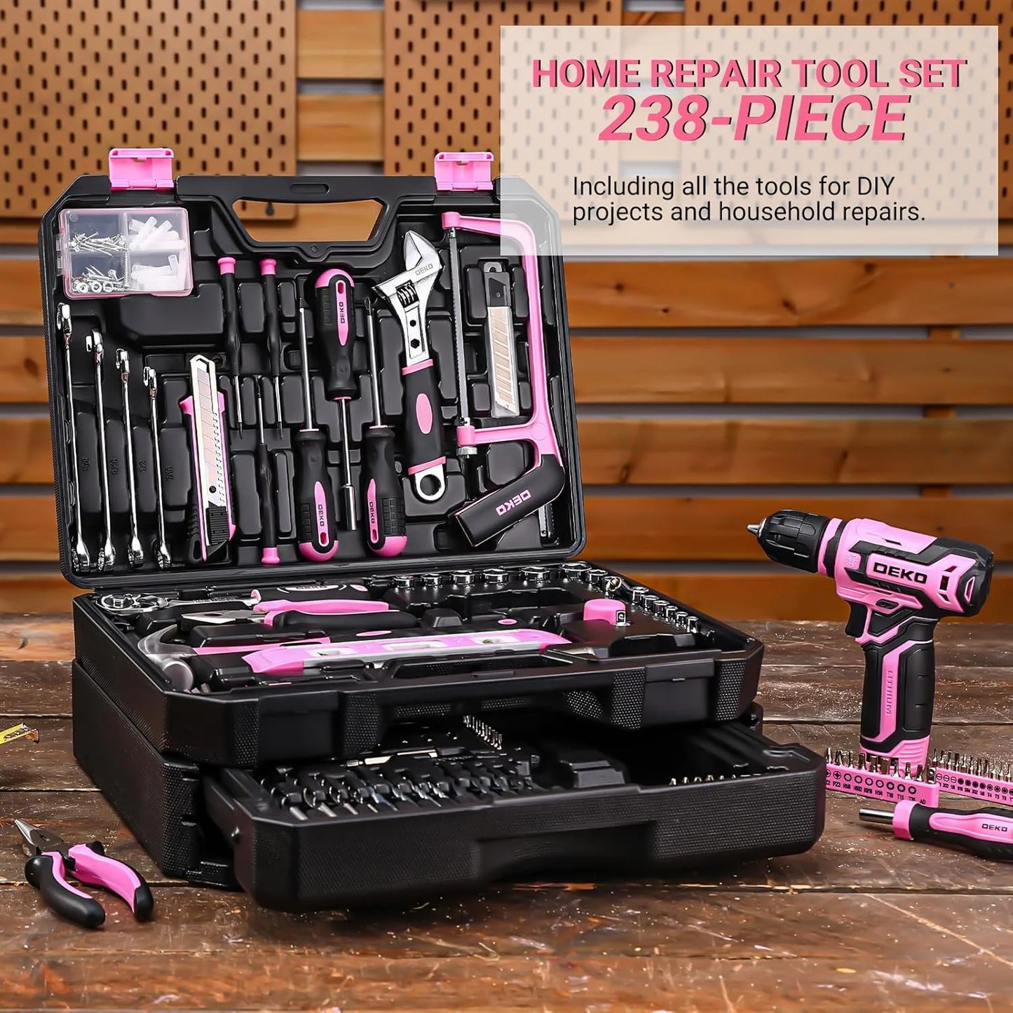 Home Mechanic Toolbox with 12V Power Cordless Drill Hand Repair Tools Sets Combo Kits Storage Organizer Drawer Case