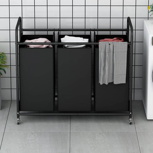 laundry room organization with Heavy Duty Rolling Lockable Wheels and bags, 3-Bag Laundry Basket Hamper.